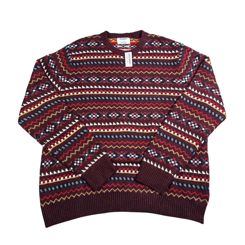 Old Navy SoSoft Sweater Men XL Burgundy Fair Isle Nordic Knit Crew Neck Cozy NEW